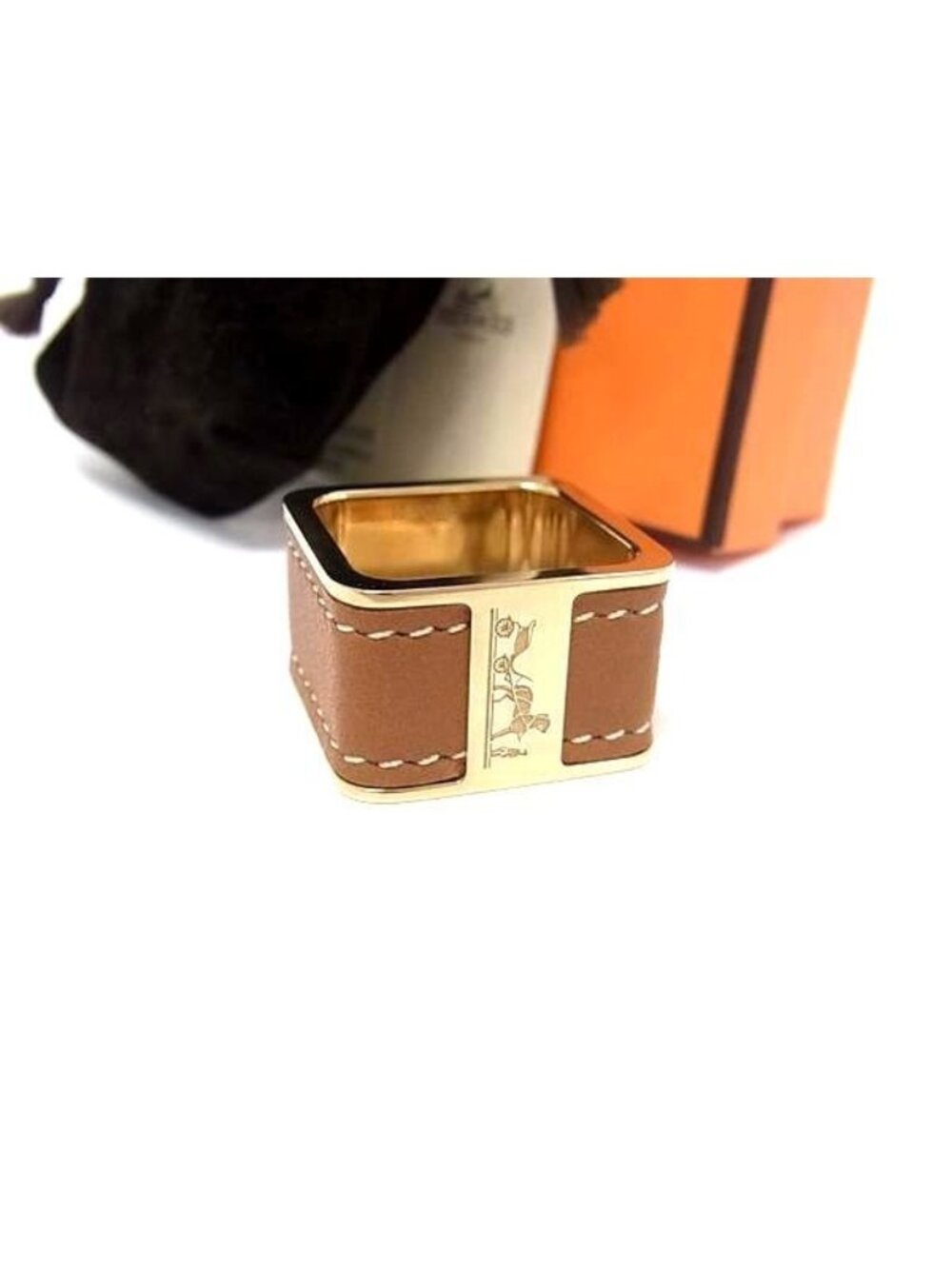 Hermes Bolduc Sellier Scarf Ring Closure Gold Brown